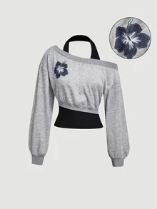 SHEIN MOD Women's Printed Halter-Neck One-Shoulder Sweatshirt, Fall, 90s Streetwear Casual Inspired 2000s Y2k Blouses, Going Out Night Out Grey Blue Black - Multicolor - View 3