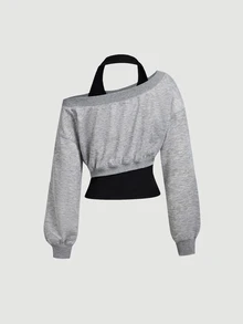 SHEIN MOD Women's Printed Halter-Neck One-Shoulder Sweatshirt, Fall, 90s Streetwear Casual Inspired 2000s Y2k Blouses, Going Out Night Out Grey Blue Black - Multicolor - View 5