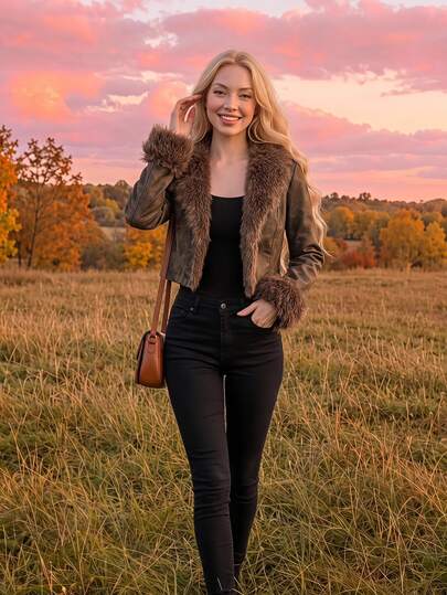 SHEIN MOD Chaqueta corta de piel sintética marrón con parches, chaqueta de invierno para mujer, cálida, chaqueta de cuero, para Año Nuevo, vacaciones, Año Nuevo