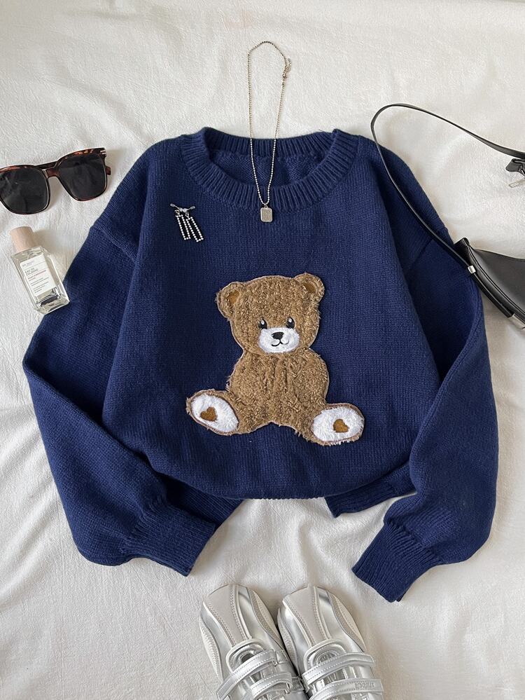 SHEIN Teen Girl Kids Soft Plush Round Neck Loose Casual Bear 3D Patch Long Sleeve Blue Red White Sweater, Thermal, Fashion Street Style, Casual Sports English Graphic, Girl Clothing, Versatile, Loose, Back To School, Sports, College, Vintage - Navy Blue - View 2
