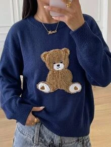 SHEIN 青少年女孩童裝 柔軟絨毛圓領寬鬆休閒熊 3D貼布長袖藍紅白毛衣，保暖，時尚街頭風，休閒運動英文圖案，女孩服飾，百搭，寬鬆，返校，運動，大學，復古 - 藏蓝色 - 查看 6