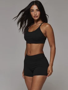 Musera Sport Scoop Neck Strappy Sport Logo Cross Back Sport Bra With Dipped Back Fitted Mini Short Sold As Set Sport Essentials Basics Autumn Fall Winter - Black - View 5