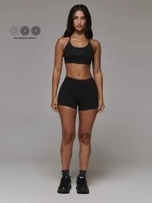 Musera Sport Scoop Neck Strappy Sport Logo Cross Back Sport Bra With Dipped Back Fitted Mini Short Sold As Set Sport Essentials Basics Autumn Fall Winter - Black - View 1