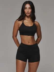 Musera Sport Scoop Neck Strappy Sport Logo Cross Back Sport Bra With Dipped Back Fitted Mini Short Sold As Set Sport Essentials Basics Autumn Fall Winter - Black - View 4