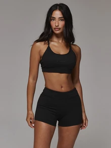 Musera Sport Scoop Neck Strappy Sport Logo Cross Back Sport Bra With Dipped Back Fitted Mini Short Sold As Set Sport Essentials Basics Autumn Fall Winter - Black - View 3