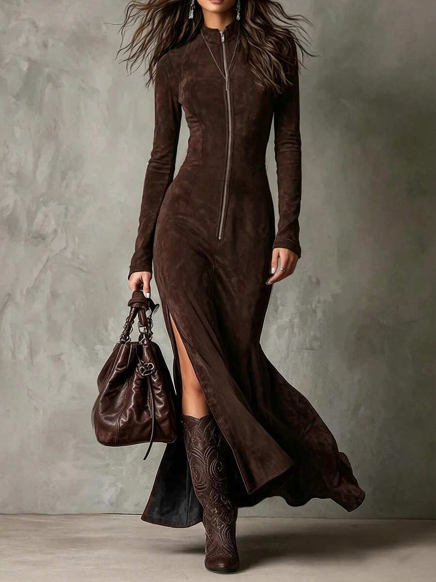 LUMIGAL Damenmode Halbhals Metallreißverschluss hoher Schlitz locker lässig elegant täglich, Frühling/Sommer langes Kleid, geeignet für Festivals, Strandurlaub, Musikfestivals, Boho-Stil Urlaub, alle Jahreszeiten, geeignet für tägliches Pendeln, Dating, Urlaub, sexy Outfit, Modeartikel - Braun - Übersicht 1