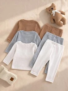 SHEIN 0-3 Years Baby Boys Spring/Autumn Basic Ribbed 6-Piece Set Soft High Elasticity Solid Color Long Sleeve Fall Tops Pants Base Layer Set Outfits - Multicolor - View 2