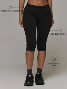Musera Sport Ruched Fold Over Waist Fitted Active Capri Pants Sport Essentials Basics Gym Workout Autumn Fall Winter - Black - View 1