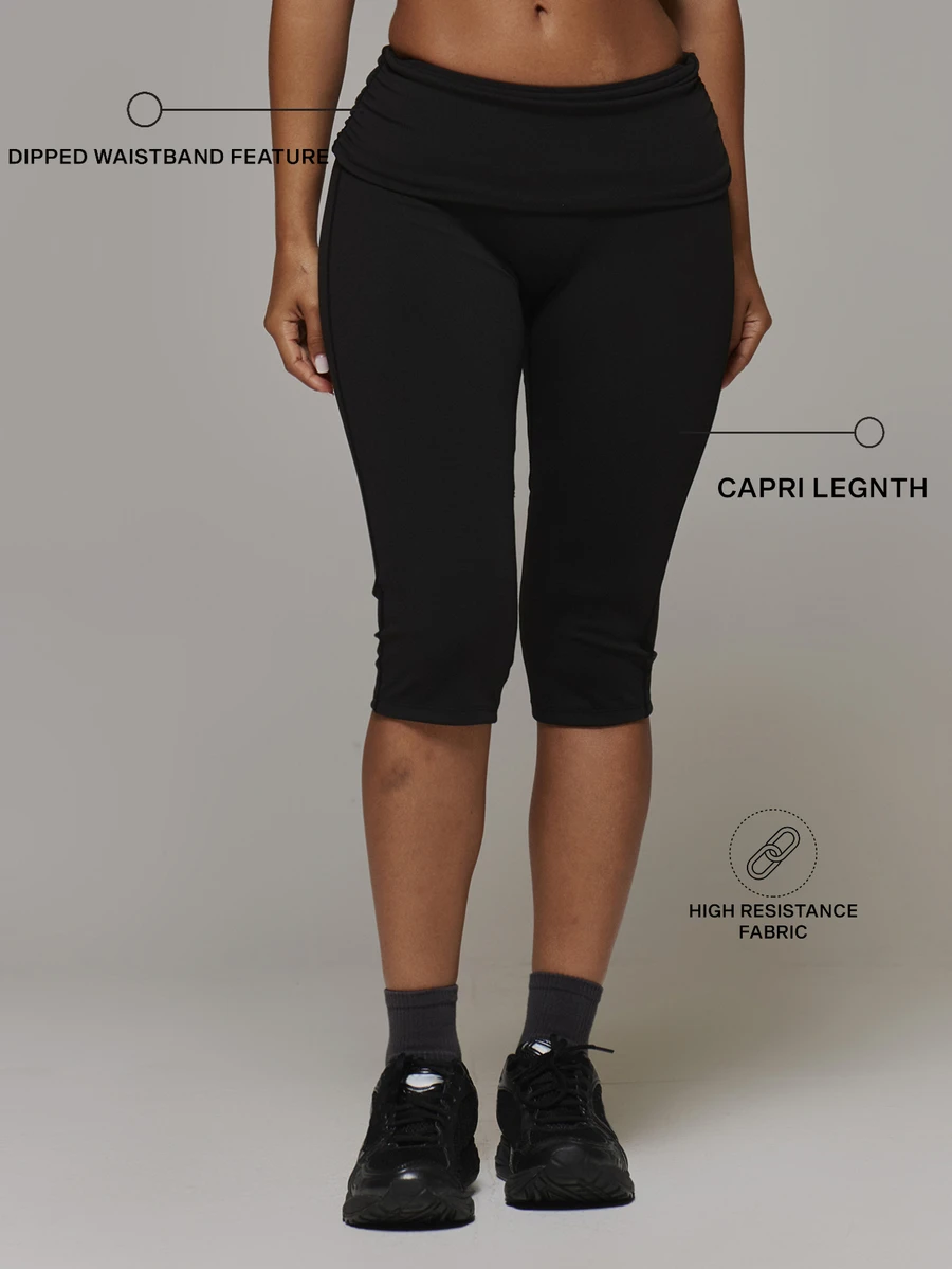 Musera Sport Ruched Fold Over Waist Fitted Active Capri Pants Sport Essentials Basics Gym Workout Autumn Fall Winter - Black - View 1