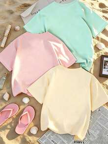 3pcs Girls' Candy Color Solid Crew Neck Short Sleeve T-Shirts, Comfortable Soft Loose Casual Summer Tops - Multicolor - View 2