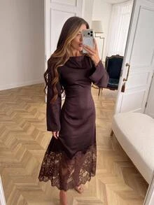 Serisse فستان ميدي كاجوال للحفلات للنساء بتصميم دانتيل مرقع - بني - مشاهدة 9