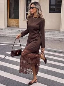Serisse فستان ميدي كاجوال للحفلات للنساء بتصميم دانتيل مرقع - بني - مشاهدة 7