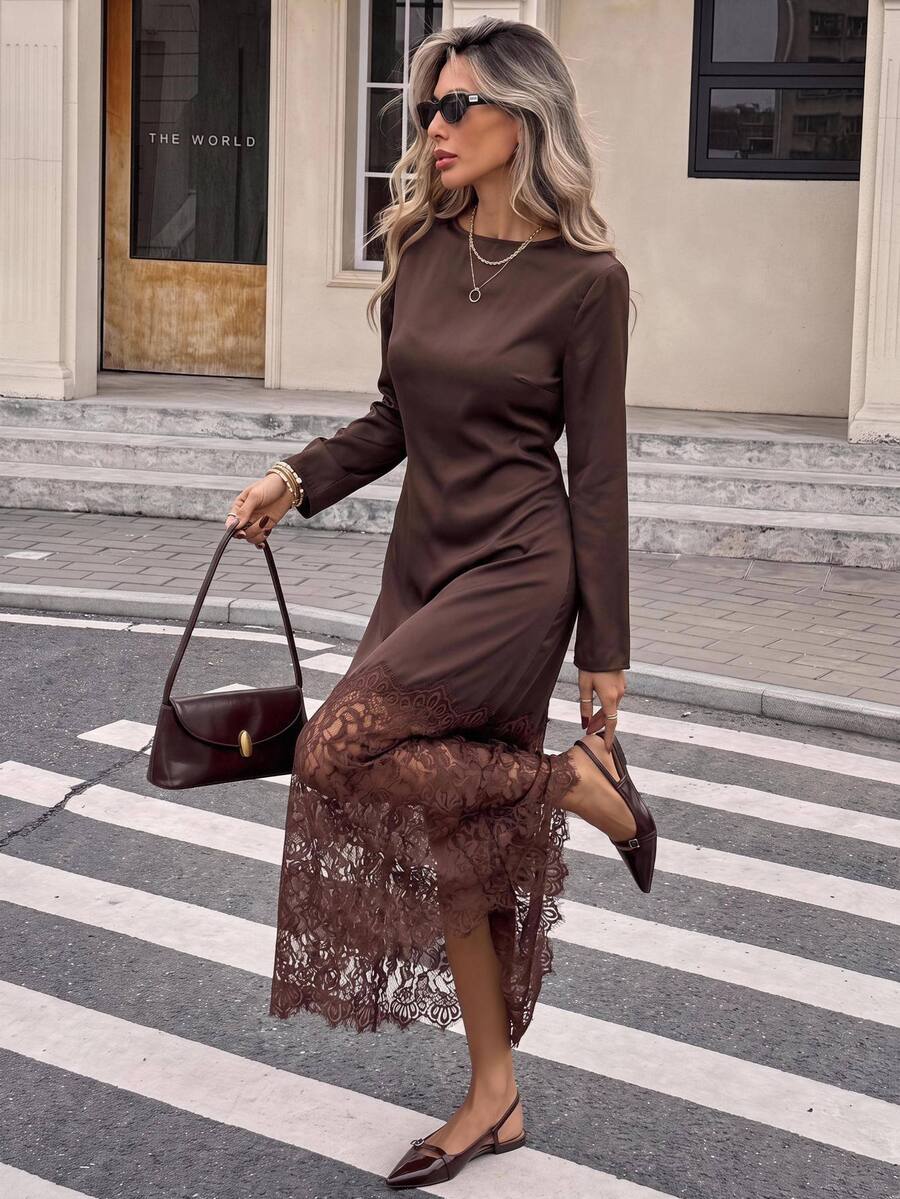Serisse Gaun Midi Kasual Pesta Patchwork Renda Wanita, Gaun Formal Elegan Mewah Bisnis Chic Musim Gugur/Musim Dingin, Gaun Dasar Natal Kembali ke Sekolah Festival - Coklat - View 1