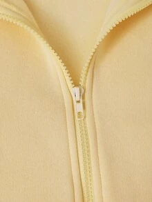 SHEIN Tween女孩兩件套，淺黃色與棕色條紋對比色厚實保暖連帽長袖休閒外套附口袋，棕色條紋袖子拼接，搭配休閒直筒寬鬆長褲，運動休閒通勤上學，時尚百搭秋冬必備外套/冬季 - 黃色 - 查看 7