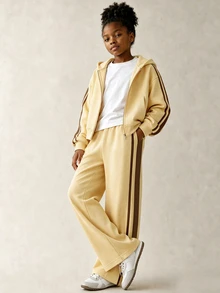 SHEIN Tween女孩兩件套，淺黃色與棕色條紋對比色厚實保暖連帽長袖休閒外套附口袋，棕色條紋袖子拼接，搭配休閒直筒寬鬆長褲，運動休閒通勤上學，時尚百搭秋冬必備外套/冬季 - 黃色 - 查看 4