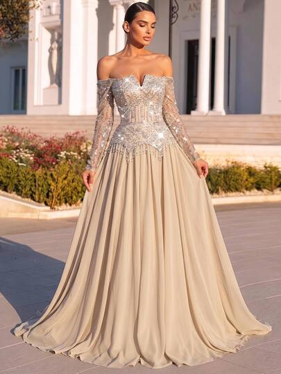 Glamrae Elegant Luxurious Champagne Beaded Sequin Tassel Chiffon A-Line Oversized Dress 2 In 1 Asymmetric Neckline Off-Shoulder Long Sleeve Dress Suitable For Wedding Events Bachelor Party Vacation Ball Evening Gala (Heavy Workmanship Style)