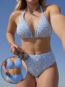 Swim Mod Setelan Baju Renang Kasual 2 Potong Wanita Ukuran Plus dengan Motif Kain Acak - Dusty Blue - View 1