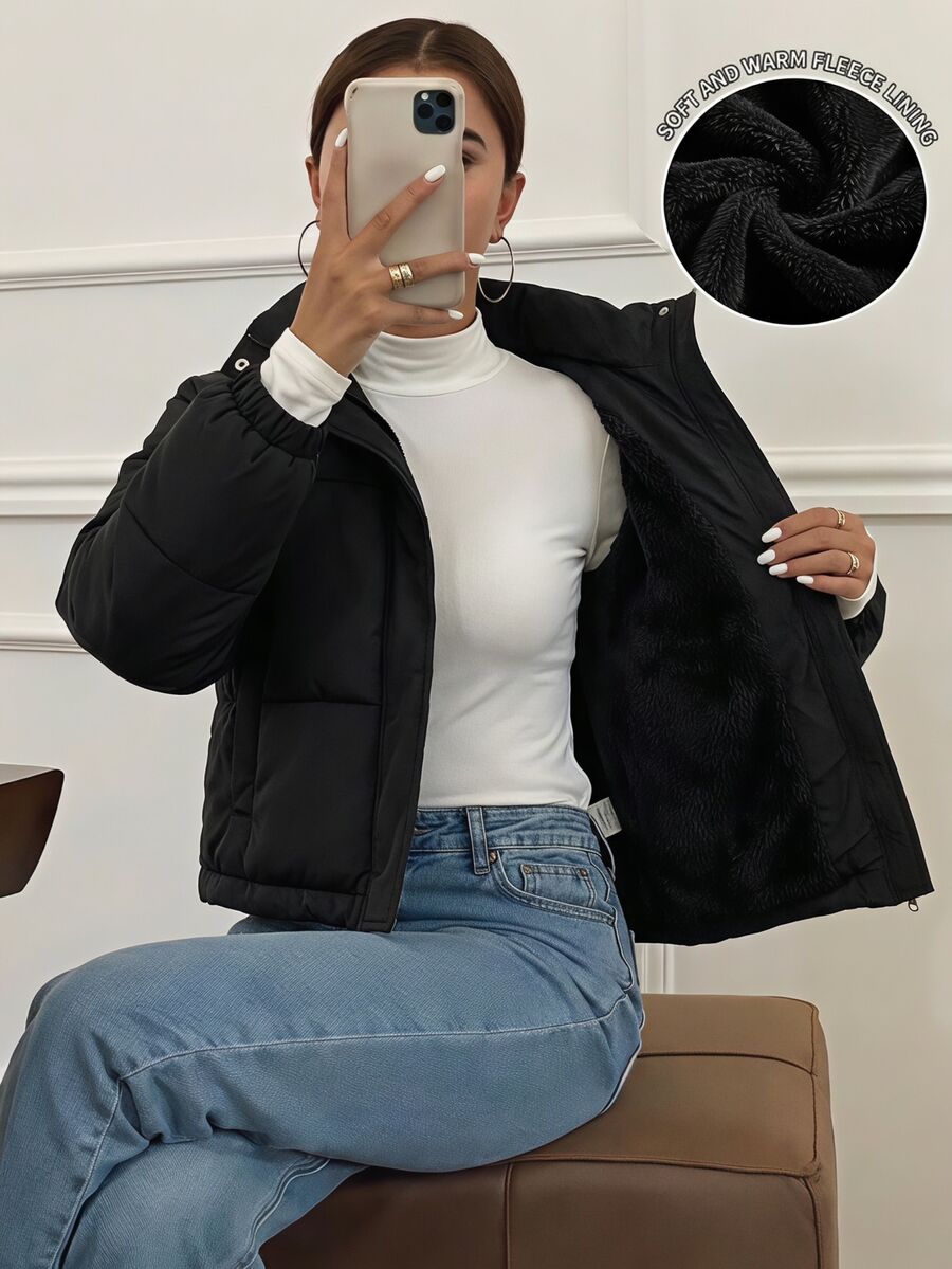 SHEIN 青少年女孩長袖休閒寬鬆可愛時尚梭織布絎縫夾克,附極地抓絨內裡,寬鬆版型,舒適保暖,黑色冬季款 - 黑色 - 查看 1