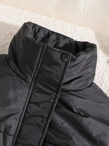 SHEIN 青少年女孩長袖休閒寬鬆可愛時尚梭織布絎縫夾克，附極地抓絨內裡，寬鬆版型，舒適保暖，黑色冬季款 - 黑色 - 查看 6
