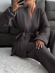 EURMUSE Tall Size Cotton Drop Shoulder Belted Cardigan Pants Lounge Dark Grey Autumn Casual - Brown - View 3