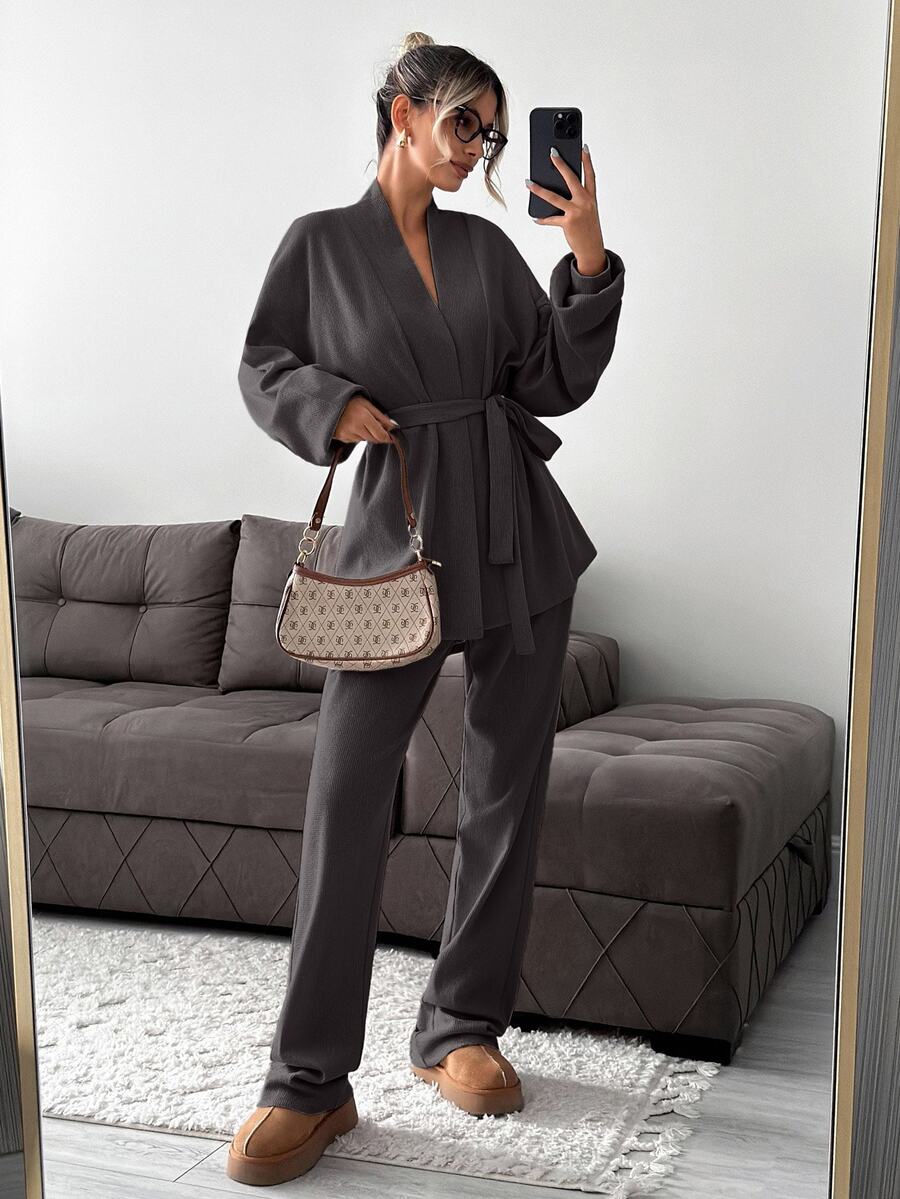 EURMUSE Tall Size Cotton Drop Shoulder Belted Cardigan Pants Lounge Dark Grey Autumn Casual - Brown - View 1