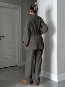 EURMUSE Tall Size Cotton Drop Shoulder Belted Cardigan Pants Lounge Dark Grey Autumn Casual - Brown - View 2