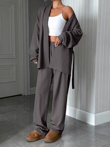 EURMUSE Tall Size Cotton Drop Shoulder Belted Cardigan Pants Lounge Dark Grey Autumn Casual - Brown - View 4
