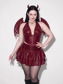 SHEIN ICON Plus Size Solid Color V-Neck Halter Top And Ruched Skirt Sexy Two Pieces Set - Burgundy - View 1