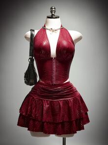 SHEIN ICON Plus Size Solid Color V-Neck Halter Top And Ruched Skirt Sexy Two Pieces Set - Burgundy - View 4