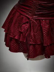SHEIN ICON Plus Size Solid Color V-Neck Halter Top And Ruched Skirt Sexy Two Pieces Set - Burgundy - View 8