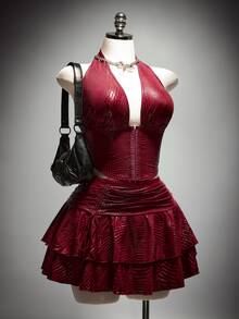 SHEIN ICON Plus Size Solid Color V-Neck Halter Top And Ruched Skirt Sexy Two Pieces Set - Burgundy - View 6