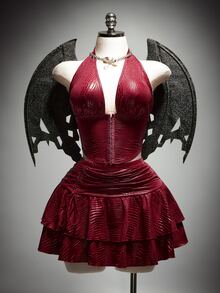 SHEIN ICON Plus Size Solid Color V-Neck Halter Top And Ruched Skirt Sexy Two Pieces Set - Burgundy - View 11
