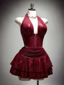 SHEIN ICON Plus Size Solid Color V-Neck Halter Top And Ruched Skirt Sexy Two Pieces Set - Burgundy - View 7