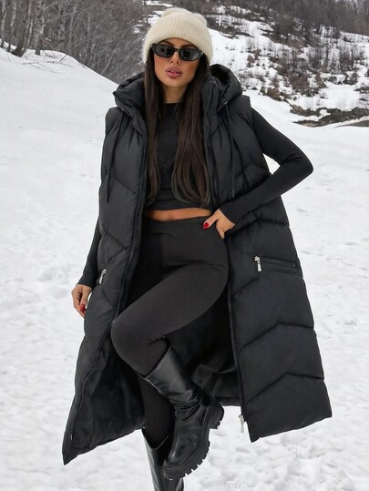 SHEIN Petite Size Women Warm Casual Streetwear Zip Up Coats For Winter With Pockets Travel Everyday Black