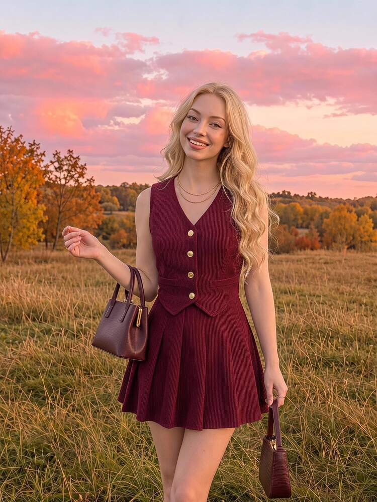 SHEIN MOD Traje de pana de unicolor para mujer en otoño/invierno - Burdeos - Añade 1
