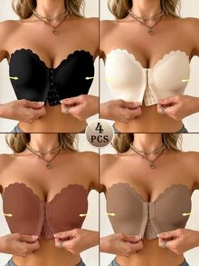 Wedaily 4pcs/Set Multi-Color Women's Underwear Strapless Bra, Front Closure Wave Trim, Removable Padded Cup Bra - Multicolor - View 1