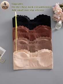 Wedaily 4pcs/Set Multi-Color Women's Underwear Strapless Bra, Front Closure Wave Trim, Removable Padded Cup Bra - Multicolor - View 7