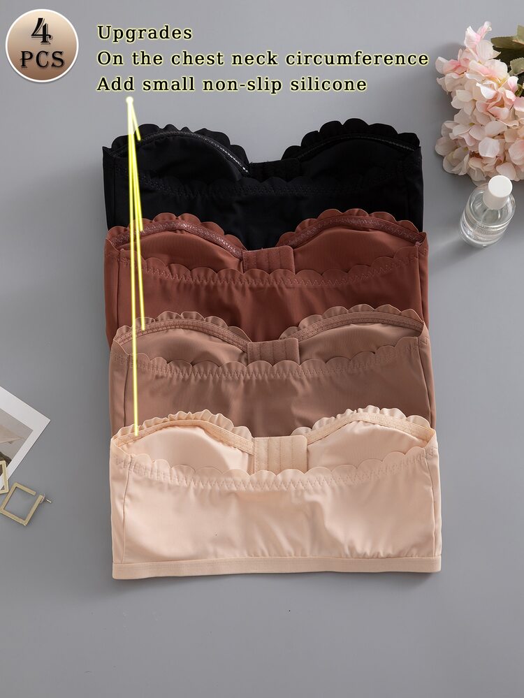 Wedaily 4pcs/Set Multi-Color Women's Underwear Strapless Bra, Front Closure Wave Trim, Removable Padded Cup Bra - Multicolor - View 7