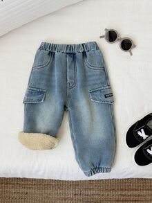 SHEIN 男嬰秋冬休閒保暖內裡加厚工裝藍色牛仔褲，保暖內裡牛仔長褲，秋冬牛仔褲，嬰兒牛仔褲 - 彩色 - 查看 4