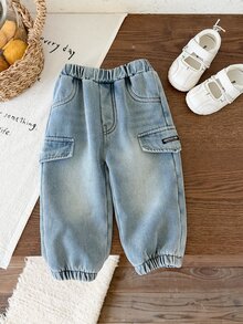 SHEIN 男嬰秋冬休閒保暖內裡加厚工裝藍色牛仔褲，保暖內裡牛仔長褲，秋冬牛仔褲，嬰兒牛仔褲 - 彩色 - 查看 5