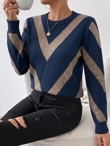 SHEIN LUNE 女款秋冬拼色圓領長袖休閒毛衣 - 彩色 - 查看 8