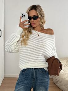 Easowa Asymmetrical Neck Batwing Sleeve Sweater,Long Sleeve Tops In Autumn/ Brunch All White Casual Winter Clothes - White - View 3