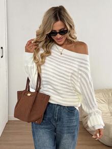 Easowa Asymmetrical Neck Batwing Sleeve Sweater,Long Sleeve Tops In Autumn/ Brunch All White Casual Winter Clothes - White - View 6