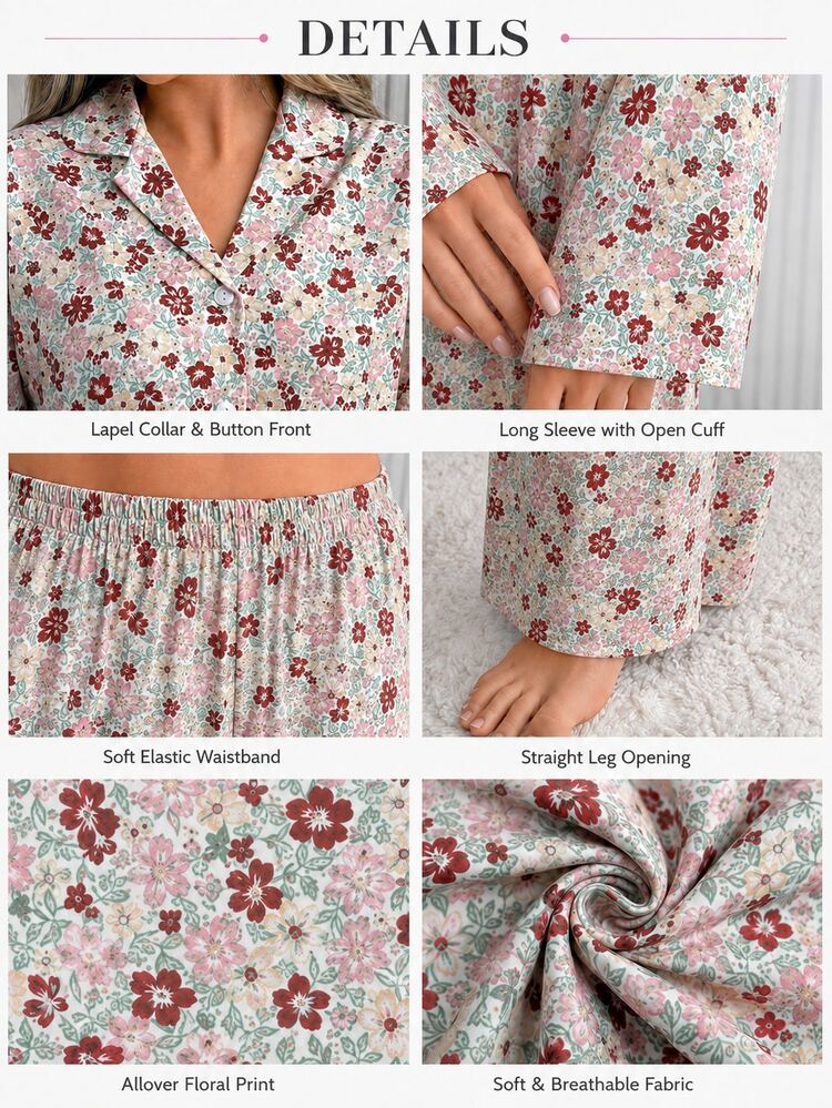 SHEIN Plus Size Women 2 Pieces White & Apricot Floral Print Button Front Homewear Cute Pajama Set - Apricot - View 7