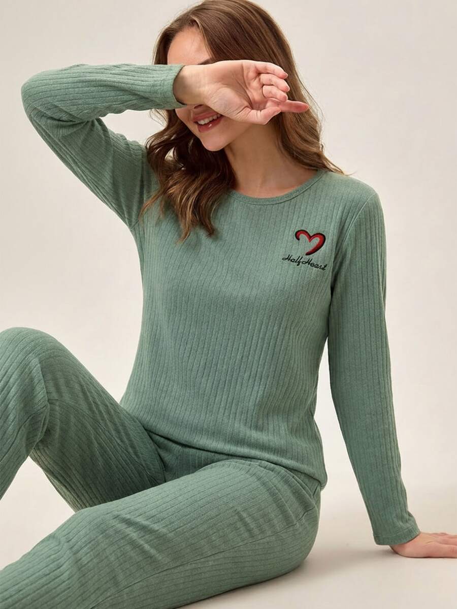 SHEIN Cottnline Tall 2pcs Women Casual Kawaii Solidsage Green Relaxed Wear Set In Ribbed Knit Embroidered With Letters And Lounge Sleep Autumn