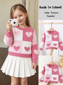 SHEIN 1件女童幼兒套頭毛衣，圓領，簡約百搭3D拼色愛心提花圖案，清新可愛風，適中厚度，整齊下擺，設計精緻，時尚套頭衫，方便日常穿著、外出、上學及其他場合，適合秋冬 - 彩色 - 查看 1