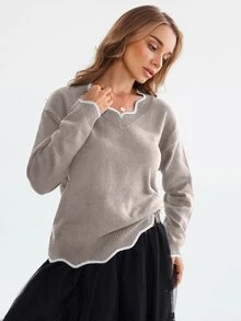Easowa 女款拼色毛衣長袖上衣，秋季日常淺藍白配色休閒早午餐穿搭 - 卡其色 - 查看 2
