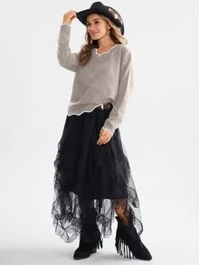 Easowa 女款拼色毛衣長袖上衣，秋季日常淺藍白配色休閒早午餐穿搭 - 卡其色 - 查看 6
