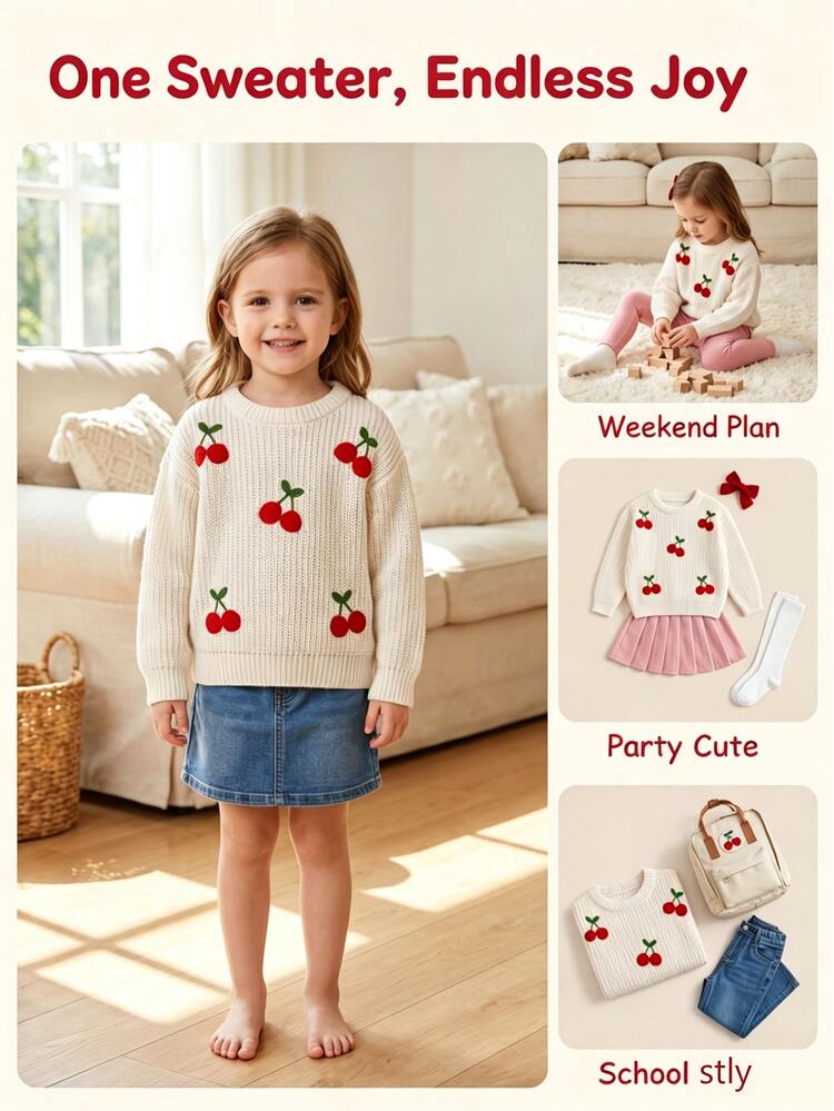Young Girls Casual Princess White Knitted Long-Sleeved Sweater With Cherry Embroidery Patterns Soft Comfortable Traveling Nursery Baby Shower - White - View 6