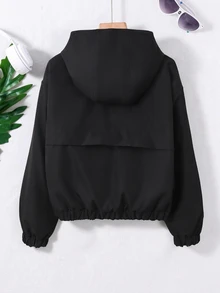SHEIN 女童休閒可愛圖案百搭黑色短版輕量口袋夾克，適合春秋冬季校園學生穿著 - 黑色 - 查看 6